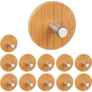 Relaxdays 12x plakhaakjes - ophanghaken keuken - zelfklevend - edelstaal - bamboe