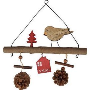 Kerst Hangdecoratie Vogeltje - Rood / Bruin - Hout / IJzer