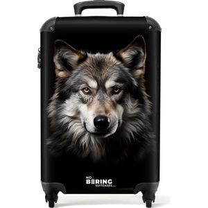 NoBoringSuitcases.com® - Handbagage koffer lichtgewicht - Reiskoffer trolley - Wolf portret tegen een zwarte achtergrond - Rolkoffer met wieltjes - Past binnen 55x40x20 en 55x35x25