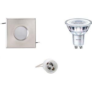 LED Spot Set - Igia - GU10 Fitting - Waterdicht IP65 - Inbouw Vierkant - Mat Chroom - 82mm - Philips - CorePro 827 36D - 5W - Warm Wit 2700K - Dimbaar