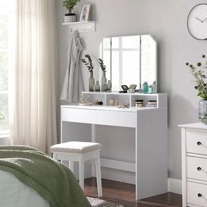 Multifunctioneel Kaptafel met Opvouwbare Spiegel - Stijl en Functionaliteit in één Elegante Make-up tafel- Robuuste Constructie Langdurige Stabiliteit- Make-up Organiseren 100x40x142 Wit- Elk Interieurstijl- Slaapkamer- Decoratief- Comfortabel Bureau