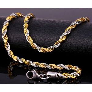 Style King - RVS Rope chain Ketting - Touw schakel - twee kleuring - verguld - RVS - 55cm - 5mm - Ketting - Rope schakelketting