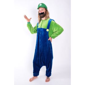 KIMU Onesie Groen Blauwe Overall met Pet - Maat XS-S - Pak Kostuum Jumpsuit Huispak Fleece Pyjama Volwassenen Heren Dames Luigi Loodgieter Festival