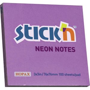 Stick'n sticky notes, memoblok 76x76mm, neon paars, 100memoblaadjes