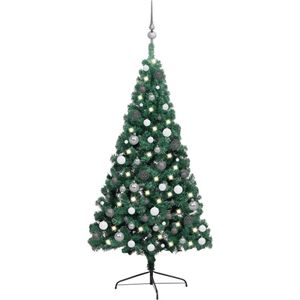 The Living Store Kunstkerstboom met LED's en kerstballen half 240 cm groen - Decoratieve kerstboom