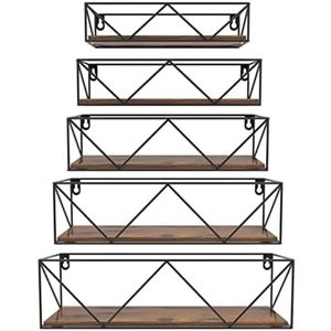 PolkaHome Houten Wandplanken Set van 5 - Zwevende Planken met Metalen Beugels voor Keuken, Slaapkamer, Badkamer en Woonkamer - Rustieke Stijl