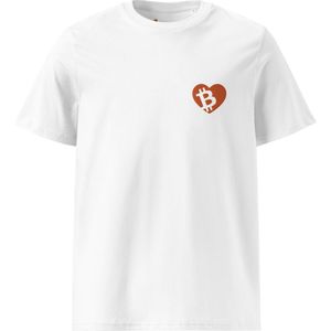 Pocket Heart - Geborduurd Bitcoin T-shirt - Unisex - 100% Biologisch Katoen - Kleur Wit - Maat M | Bitcoin cadeau| Crypto cadeau| Bitcoin T-shirt| Crypto T-shirt| Crypto Shirt| Bitcoin Shirt| Bitcoin Merch| Crypto Merch| Bitcoin Kleding