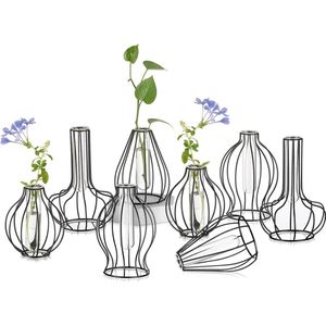 Metalen geometrische glazen vaas, mini zwarte plantenstandaards set van 8 minimalistische Outline bloemenvazen voor hydrocultuur moderne reageerbuisjes, frame, vazen voor tafel, woonkamer,