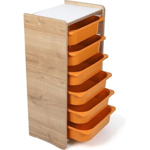 Industrial Living kinderkast met 6 oranje opberglades - Kast Kinderkamer - Speelgoedkast - Opbergkast - Boekenkast - Hout - Walnoot