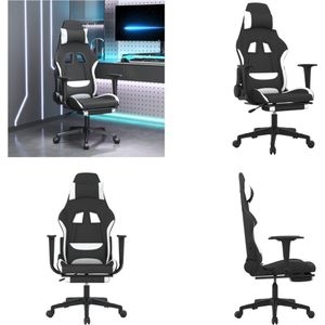 vidaXL Massage gamestoel met voetensteun stof zwart en wit - Gamingstoel - Gamingstoelen - Televisiestoel - Racingstoel