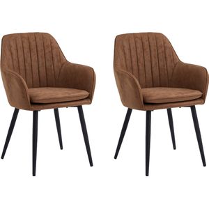 Colenis® - Lavinia Eetkamerstoel - Set Van 2 - Cognac - Microfiber Stof - Met armleuning