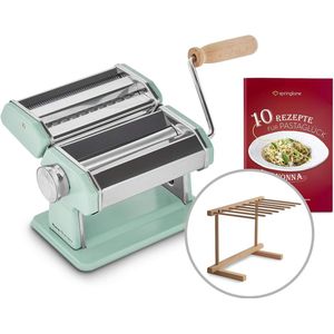 Handmatige pastamachine, roestvrij staal, inclusief receptenboekje, pastadroger en 3 snijopzetstukken voor spaghetti, lasagne, tagliatelle - mint