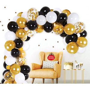 50 stuks Chique Party ballonnen pakket - Nedville - Luxe Ballonnen Confetti goud, chrome goud, metallic zwart en metallic wit, Helium Ballonnenset, Geboorte, Feest, Verjaardag, Party, Wedding, Gala, Valentijn Incl. ballonsluiters met wit lint