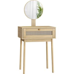 Een rotan kaptafel met spiegel, een compacte kaptafel in de slaapkamer geschikt voor kleine ruimtes