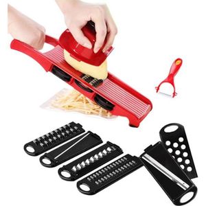5-in-1 Keuken Mandoline - Keukenrasp - Groentensnijder - Snijmachine - Groente Schaaf - Modern Design - Rood (Zonder Bak)