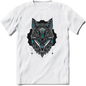 Vos - Dieren Mandala T-Shirt | Lichtblauw | Grappig Verjaardag Zentangle Dierenkop Cadeau Shirt | Dames - Heren - Unisex | Wildlife Tshirt Kleding Kado | - Wit - XL