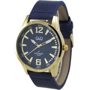 Q&Q heren horloge Q890J802Y met blauw leren horlogeband en goudkleurige horlogekast