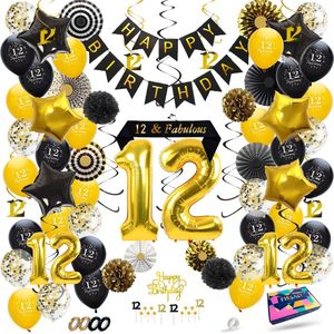 Fissaly 12 Jaar Verjaardag Decoratie Versiering - Ballonnen – Jubileum - Jongen & Meisje - Zwart en Goud