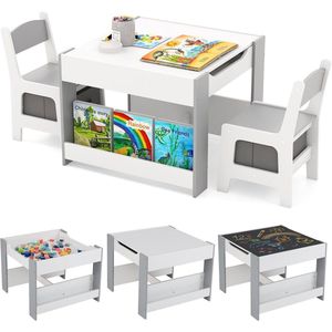 Kindertafel met 2 stoelen, 3-in-1 schildertafel & activiteitstafel en tafeltafel met kinderstoel, multifunctionele kinderzitgroep, houten zitgroep met opbergruimte (grijs)