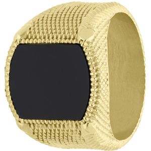 Lucardi Heren Gerecycled stalen goldplated zegelring met zwarte agaat - Ring - Staal - Goudkleurig - 21 / 66 mm