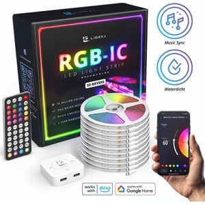 Lideka® - RGBIC LED Strip 50 meter (10x5m) - Zelfklevend met Afstandsbediening - Wifi & App - Smart - Alexa & Google Kompatibel - SMD 5050 - 12V - Dimbaar - Waterdicht