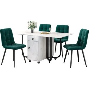 Merax Eethoek Set van 5 - inklapbare Keukentafel Set met 4 Stijlvolle Gestoffeerde Stoelen - MDF Tafelblad - Metalen Tafelpoten - Wit met Zwart