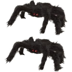 Halloween 2x Horror griezel spinnen zwart 20 x 28 cm - Grote harige nep spin 2 stuks - Halloween decoratie/accessoire