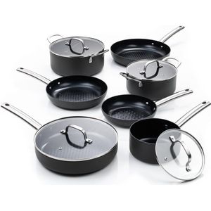 ISENVI Murray Chef du Jour - Pannenset 7 delig - RVS grepen - Antraciet - Keramisch - 100% PFAS, PTFE en PFOA vrij - 100% duurzaam - Unieke Antiaanbaklaag - Non-stick bodem - Vaatwasbestendig - Geschikt voor alle warmtebronnen inclusief inductie