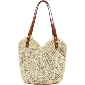 Rieten strandtas - Beige/bruin - Schoudertas met ritssluiting - Stro/riet/rotan - PU lederen handvaten - 37 x 30 cm - Handtas voor volwassenen - Gevoerd met binnenvak - Handgemaakt - Shopper