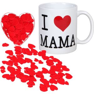 Valentijnsdag cadeau set koffie mok/beker Mama met deco strooi hartjes - Hartjes/liefde thema