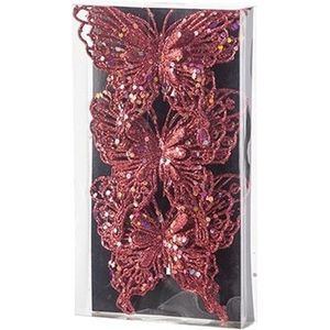 3x Kerstboomversiering op clip vlinders glitter rood 11 cm - kerstfiguren - vlinders