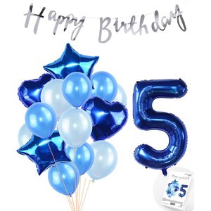 Snoes Ballonnen 5 Jaar Feestpakket – Versiering – Verjaardag Set Mason Blauw Cijferballon 5 Jaar - Heliumballon