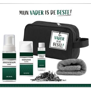 Geschenkset ''Mijn Vader Is De Beste!"" - 5 Producten - 500 Gram | Toilettas zwart - Giftset voor Hem - Doucheschuim Bamboo - Verjaardag - Vaderdag - Wellness Cadeau Man - Allerbeste Papa Nummer 1 - Verjaardagscadeau Topper - Speciaal voor jou - Groen