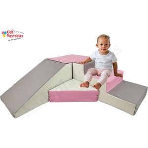 Zachte Soft Play Foam Blokken 4-delige set glijbaan met trap Roze-Grijs | grote speelblokken | motoriek baby speelgoed | foamblokken | reuze bouwblokken | Soft play peuter speelgoed | schuimblokken