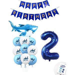 Cijferballon 2 Blauw - Haai - Shark - Ballonnen Pluspakket - Slinger Feestvieren - Verjaardag Snoes