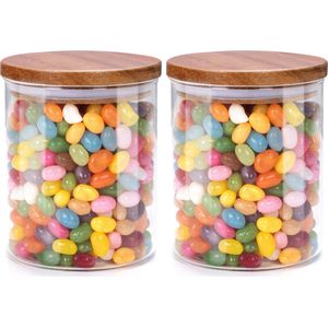 Voorraadpot/bewaarpot Foodking - 2x - borosilicaat glas - 600 ml - glas/hout - D9.5 x H11 cm - voedsel bewaren
