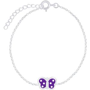 Joy|S - Zilveren vlinder armband - 14 cm + 3 cm - paars met witte stippen - voor kinderen