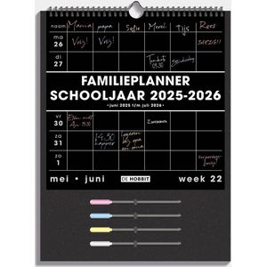Hobbit - Familieplanner 2025-2026 Schooljaar - 1 week op 1 pagina - Familiekalender met 4 gekleurde gelpennen - 6 personen - A3+ (32 x 42 cm) - Zwart Papier