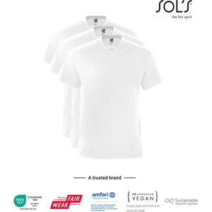 3 Pack SOLS V-hals, Heren T-Shirt 100% katoen V-hals, wit, Maat L