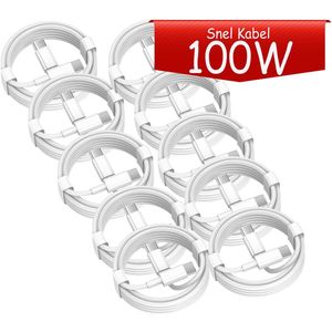 USB C naar USB C kabel - 100W Snellader - 1 Meter Oplaadkabel 10x - Geschikt voor o.a. iPhone 15 en 16 / iPad Pro Samsung / MacBook - USB-C Oplader Snel Kabel - Wit