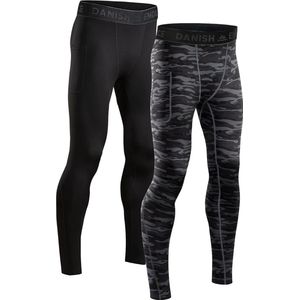 Compressiebroeken, voor Heren, Basislaag voor Trainen, set van 2 - sportlegging - kleuren 1x Zwart, 1x Camouflage Grijs - maat L