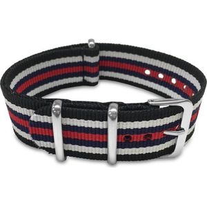 Max Horlogeband 5 NTS039 Nato Horlogeband - Ø20 mm - Zwart / Wit / Donkerblauw / Rood / Zilverkleurig