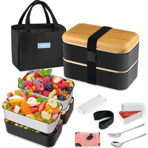 Bento Box, lunchbox, broodtrommel met vakken, 2 niveaus, met 2 stuks milieuvriendelijke PP en roestvrijstalen containers, met vork-lepelverdelers, draagtas, voor kinderen en volwassenen, zwart