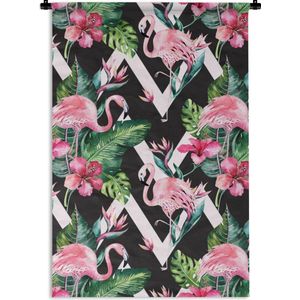 Wandkleed FlamingoKerst illustraties - Patroon van flamingo's en bladeren en bloemen tegen een zwarte achtergrond met witte lijnen Wandkleed katoen 120x180 cm - Wandtapijt met foto XXL / Groot formaat!