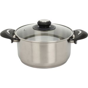 Roestvrijstalen kookpan met glazen deksel, 5,4 l / 24 x 19 cm, universele kookpan met handgrepen, pan voor pasta, aardappelen, soepen, stoofpot voor alle warmtebronnen, vaatwasmachinebestendig