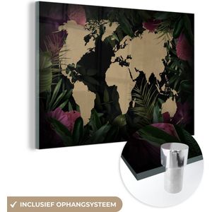 MuchoWow® Glasschilderij 180x120 cm - Schilderij acrylglas - Wereldkaart - Bloemen - Bladeren - Foto op glas - Schilderijen