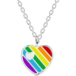 Joy|S - Zilveren hartje hanger met ketting - hartje multicolor regenboog streepjes - 36 cm + 5 cm extension