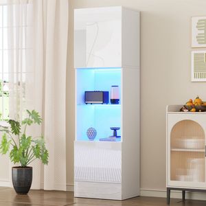 Sweiko Hoogglans Vitrinekast - LED verlichting - Glazen legplanken - Hoge kast - Wit