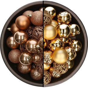 Bellatio Decorations Kerstballen mix - 74-delig - camel bruin en goudkleurig - 6 cm - kunststof