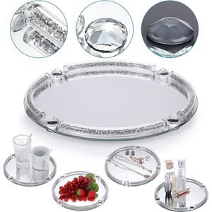 25cm Glass Mirrored Tray with Chopped Diamond Frame - Round Decorative Display Tablet Crystal - Eitele Tray for Cosmetic Perfume and Jewelry, Cup-Tray